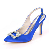 Women's Pumps Fashion Stiletto High Heel Wedding Shoes Pointed Satin Rhinestone Buckle Slip On Shoes
