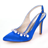 Women's Satin Stiletto Heel Closed Toe Pumps Sandals With Imitation Pearl Girl's Shoes For Wedding Party
