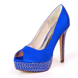 High Quality Women's Satin Stiletto Heel Peep Toe Platform Pumps Sandals Rhinestone Shoes For Wedding Party Bride