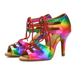 <transcy>Zapatos de baile latino para salón de baile para mujer, sandalias de baile de salsa con cordones para mujer, tacón deportivo de PU con arcoíris</transcy>