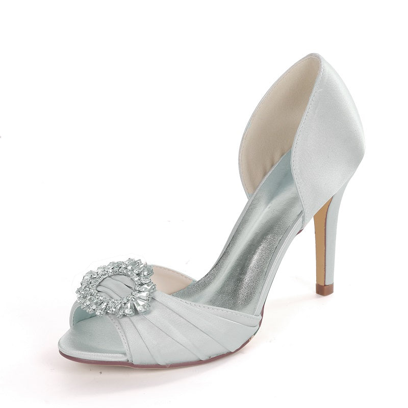 Rhinestone Buckle Pumps For Women Bride Wedding 8.5cm Stiletto Heel Peep Toe Sandals