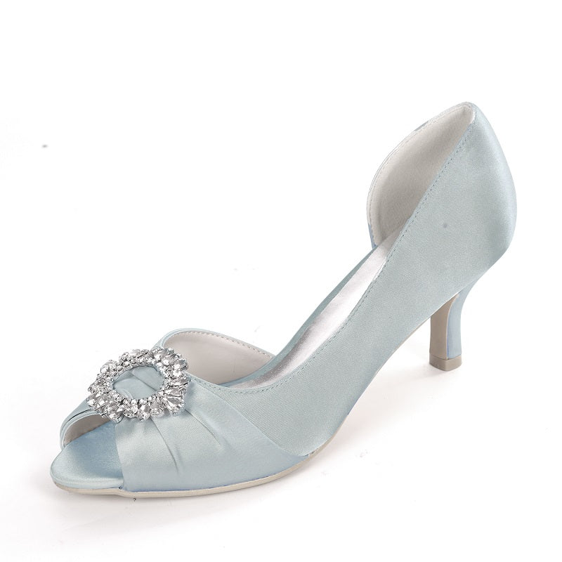 Peep Toe Pumps For Women Bride Satin Rhinestone Buckle Sandals 6cm Heel