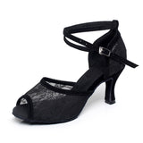 Women Lace Latin Dance Shoes For Girls High Heel Black Ballroom Dance Sandals Soft Bottom