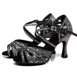 <transcy>Обувь для бальных танцев со стразами, обувь для латинских танцев, черная, серебристая, для дома, замшевая подошва для женщин, женская</transcy>