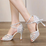 Pearl Rhinestone Latin Dance Shoes Tango Salsa Rumba Samba Ladies Soft Sole High Heels Women Sandals