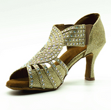 Professional Latin Dance Shoes Gold Satin Rhinestone Ballroom Tango Dancing Shoes For Women