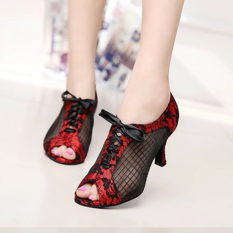 Latin Black Red Lace Up Ballroom Salsa Dancing Shoes For Girls Soft Bottom Waltz Dance Sandals