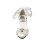 Champagne White Wedding Shoes Pumps Pearl Rhinestone Buckle Pumps For Women Girls Bride Party
