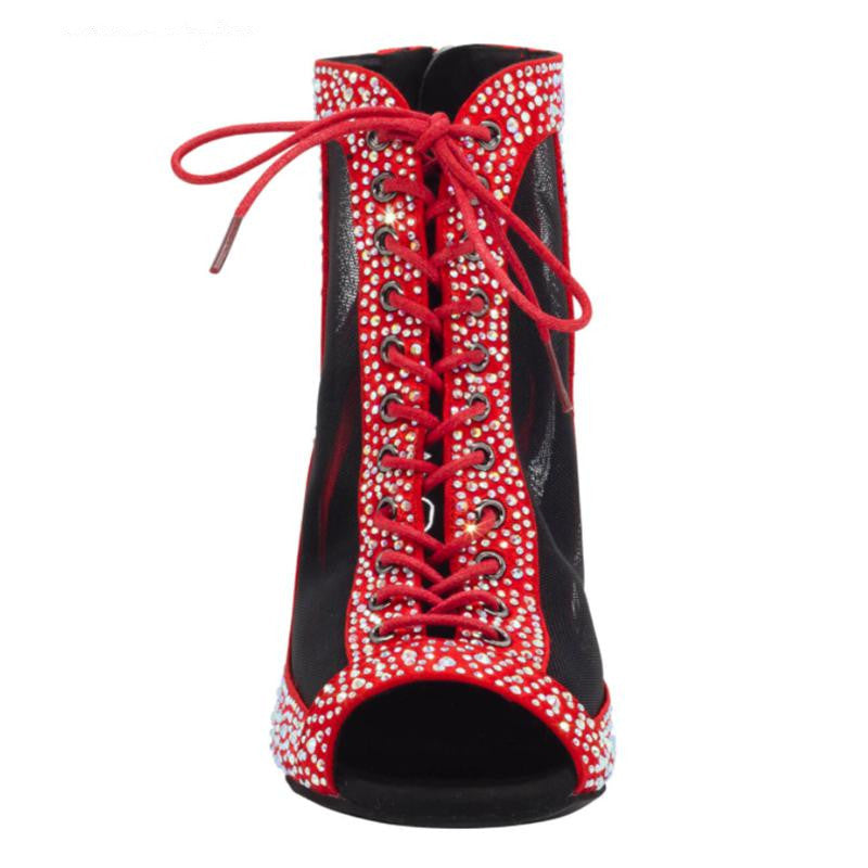 Red Satin Rhinestones Dance Boots High Heels Indoor Comfortable Salsa Ballroom Latin Dancing Shoes For Ladies