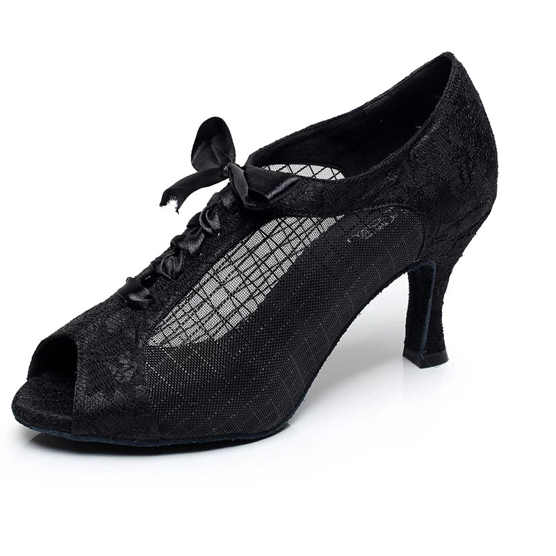 Latin Black Silver Lace Up Ballroom Salsa Dancing Shoes For Girls Soft Bottom Waltz Dance Sandals