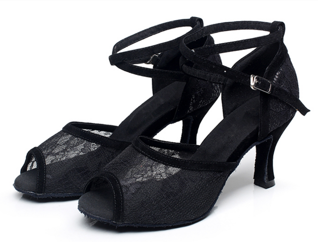Women Lace Latin Dance Shoes For Girls High Heel Black Ballroom Dance Sandals Soft Bottom