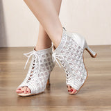 Satin Mesh Dance Boots Pink White Rhinestone Ballroom Salsa Tango Salsa Dancing Shoes For Women Girls