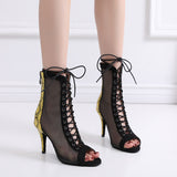 PU Mesh Women Dance Boots Patchwork Latin Ballroom Tango Salsa Dancing Shoes Customized High Heels Yellow Red