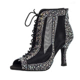 Silver Black Satin Rhinestones Dance Boots High Heels Indoor Comfortable Salsa Ballroom Latin Dancing Shoes For Ladies