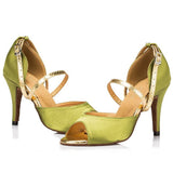 <transcy>Зеленая женская танцевальная обувь | Атласная обувь для латинских бальных танцев | Замшевая подошва | Danceshoesmart</transcy>