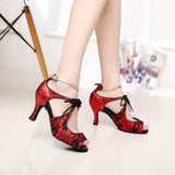 Lace Glitter Latin Dance Shoes For Women Ladies Red Silver Tango Waltz Ballroom Indoor Dancing Shoes