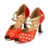 <transcy>Zapatos de baile de satén para mujer | Zapatos de baile de salón latino | Azul Rojo | Danceshoesmart</transcy>