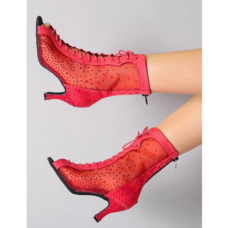 Latin Dance Shoes Women Mesh Rhinestone Ballroom Dance Boots Open Toe Party Shoes High Heels