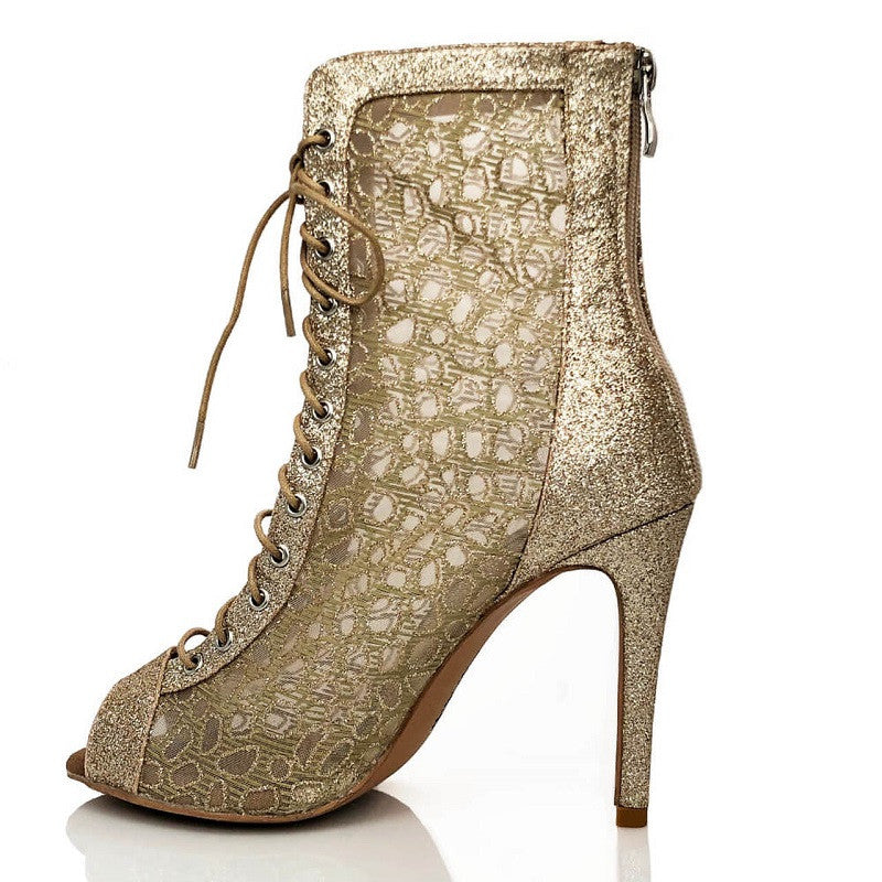 Women's Latin Ballroom Salsa Dance Shoes Boots Open Toe Lace Up Gold Leopard Mesh