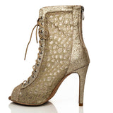 <transcy>Женская обувь для латинских бальных танцев сальса Ботинки с открытым носком на шнуровке из золотой леопардовой сетки</transcy>