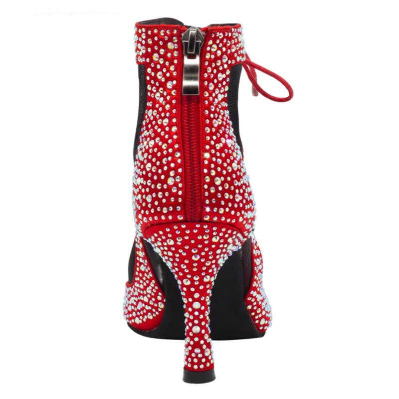 Black Red Satin Rhinestones Dance Boots High Heels Indoor Comfortable Salsa Ballroom Latin Dancing Shoes For Ladies
