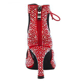 Red Satin Rhinestones Dance Boots High Heels Indoor Comfortable Salsa Ballroom Latin Dancing Shoes For Ladies