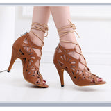 Women Black Brown Ballroom Dancing Shoes Girls Soft Bottom Salsa Latin Dance Shoes Lace-up Stilettos