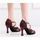 Rhinestone Latin Dance Shoes Red Black Ballroom Salsa Dancing Shoes for Wedding Party Girls Soft Bottom