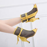 Soft Sole Dance Shoes Black Yellow Women High Heeled Tango Ballroom Dance Boots Girls Mesh Salsa Dancing Shoes