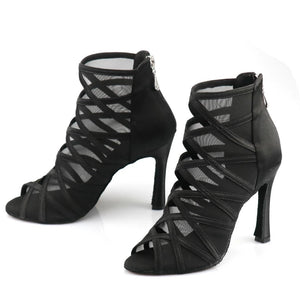 Ladies Mesh Suede Fashion Dance Shoes Cross Strap High Heel Latin Dance Salsa Shoes Boots