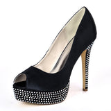 High Quality Women's Satin Stiletto Heel Peep Toe Platform Pumps Sandals Rhinestone Shoes For Wedding Party Bride