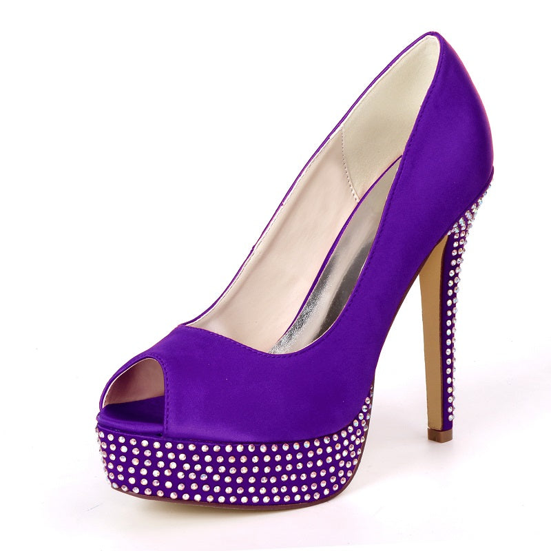 High Quality Women's Satin Stiletto Heel Peep Toe Platform Pumps Sandals Rhinestone Shoes For Wedding Party Bride