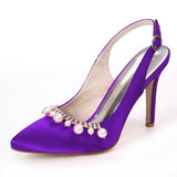 Women's Satin Stiletto Heel Closed Toe Pumps Sandals With Imitation Pearl Girl's Shoes For Wedding Party