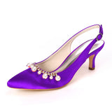 Women Girl Satin Stiletto Heel Closed Toe Pumps With Imitation Pearl Rhinestone