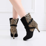 High Heels Latin Dance Boots Flock Leopard Black Soft Sole Jazz Modern Dancing Shoes For Women Ladies Party