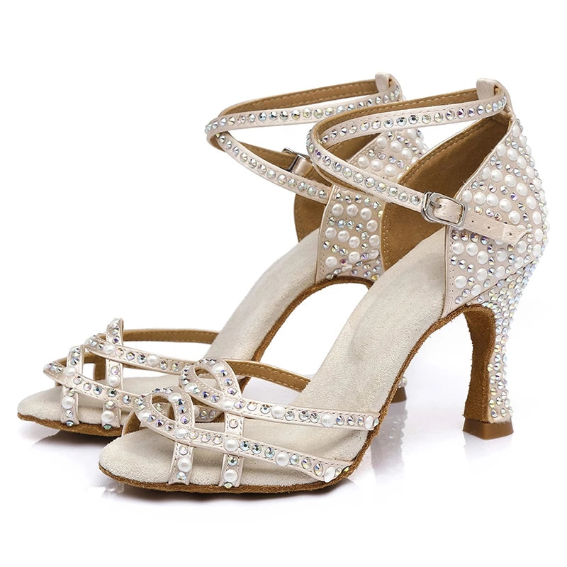 Mal funcionamiento Bóveda Combatiente Zapatos de baile latino con diamantes de imitación de perlas para muje –  Dance Shoes Mart