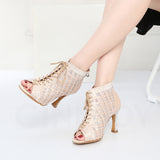 Satin Mesh Dance Boots Pink White Rhinestone Ballroom Salsa Tango Salsa Dancing Shoes For Women Girls