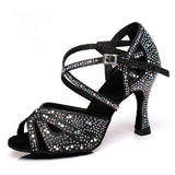 Rhinestone Ballroom Latin Dance Shoes Black Silver Tango Indoor Suede Sole For Women Ladies