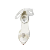 Champagne White Wedding Shoes Pumps Pearl Rhinestone Buckle Pumps For Women Girls Bride Party