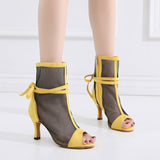 Soft Sole Dance Shoes Yellow Red Women High Heeled Tango Ballroom Dance Boots Girls Mesh Salsa Dancing Shoes