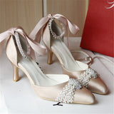 Champagne White Wedding Shoes Pumps Pearl Rhinestone Buckle Pumps For Women Girls Bride Party