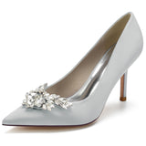 Women Pumps Stiletto Heel Pointed Toe Satin Rhinestone Party Wedding Heels Shoes