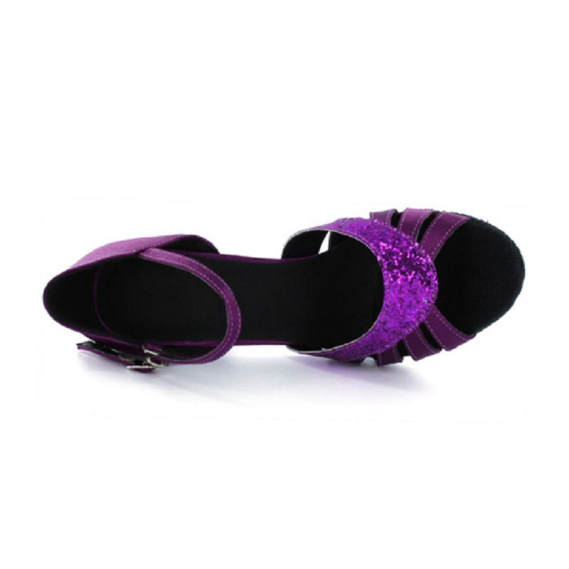 <transcy>Атласная фиолетовая черная женская обувь для латинских танцев, обувь для выступлений, бальных танцев, сальсы, танцевальная обувь</transcy>