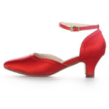 <transcy>Zapatos de baile latino para mujer modernos, zapatos de baile de satén rojo, talón acampanado, ajustar el ancho</transcy>
