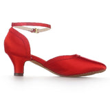 <transcy>Zapatos de baile latino para mujer modernos, zapatos de baile de satén rojo, talón acampanado, ajustar el ancho</transcy>