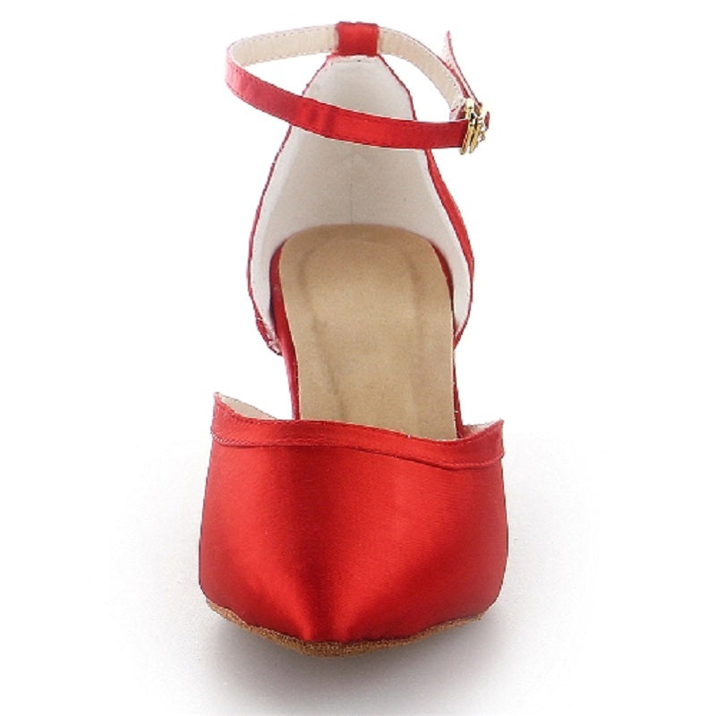 <transcy>Zapatos de baile latino para mujer modernos, zapatos de baile de satén rojo, talón acampanado, ajustar el ancho</transcy>