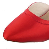 <transcy>Zapatos de baile latino para mujer modernos, zapatos de baile de satén rojo, talón acampanado, ajustar el ancho</transcy>