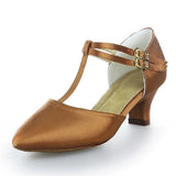 Women Latin Dance Shoes Satin Sandal Ladies Ballroom Modern Dancing Shoes High Heel Soft Sole Buckle