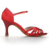 <transcy>Zapatos de baile de salsa de salón de baile latino de satén rojo para mujer Tacón automatizado para mujer</transcy>