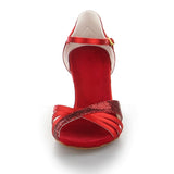 <transcy>Zapatos de baile de salsa de salón de baile latino de satén rojo para mujer Tacón automatizado para mujer</transcy>